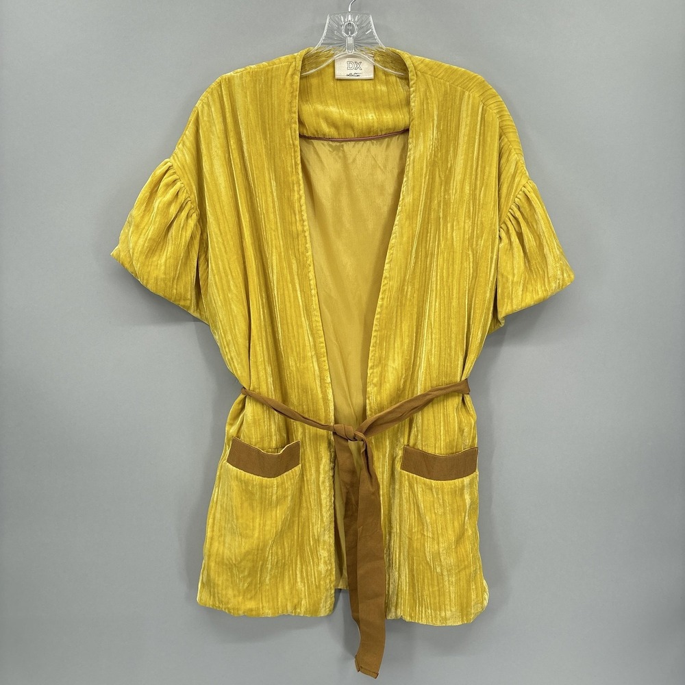 DX Collection Kimono Blazer Womens Small Yellow Velvet Belted Short Sleeve Open